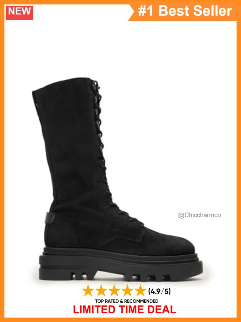 Leather Mid-Calf Combat Boots Round Toe Lace-Up Knee High